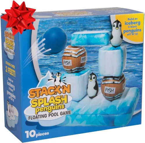 Vista 8 de Stack 'n Splash - Juego de piscina de pingüinos, juguete flotante para objetivo, construirlo, golpéalo, derriba. Juego de 10 piezas con 2 bolas