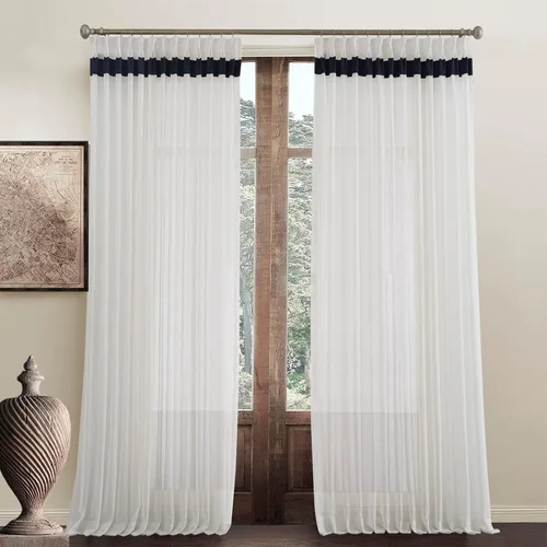 Vista 10 de Cortinas traslúcidas para ventana de 45 pulgadas de largo, paneles de cortinas traslúcidas semi plisadas blancas con borde negro, 26 pulgadas