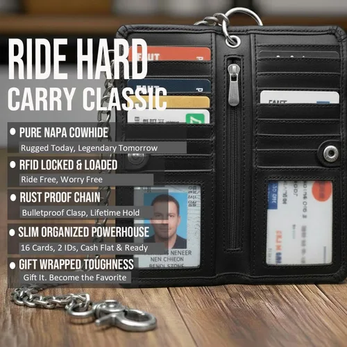 Vista 2 de CLASSIC - Cartera con cadena de motocicleta para hombre, piel auténtica Anilina Negro