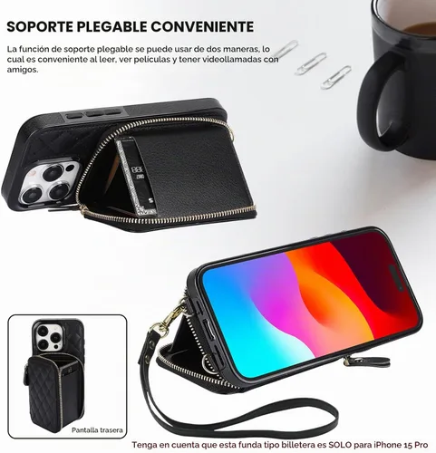 Vista 6 de Bocasal Funda tipo cartera con bandolera para iPhone 15 Pro, cartera de mano de piel sintética con cremallera y bloqueo RFID, funda tipo cartera