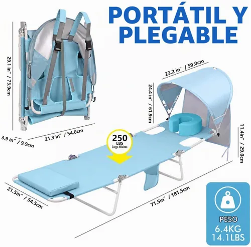 Vista 2 de Silla de bronceado de playa con mochila y toldo con protección solar y orificio para la cara, silla de sol plegable de 6 posiciones para adultos