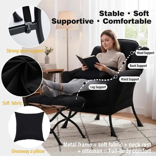 Vista 3 de Silla perezosa con otomana, moderna silla de descanso con reposabrazos y una almohada, juego de silla de sofá de ocio, silla de lectura