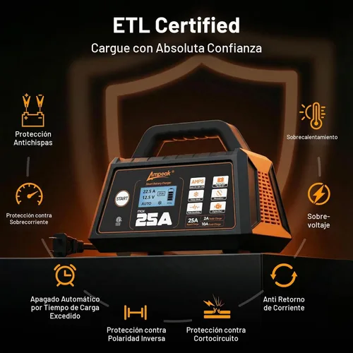 Vista 5 de Ampeak 25A 12V Battery Charger, 2/10/25A Smart Maintainer, ETL Certified 6 modos, carga de 8 etapas, pantalla LCD, modo invierno, desulfador