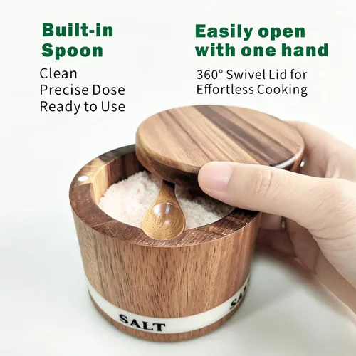 Vista 4 de ThougrLyh Bodega de sal, recipiente de sal de madera de acacia con tapa y cuchara, etiqueta de caja de sal grabada desmontable y cierre magnético