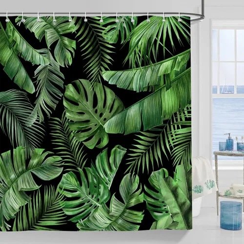 Vista 2 de Cortina de Ducha de Hojas Tropicales, Cortina de Baño Decorativa Verde y Negra con Hojas de Palmera y Plátano, Juegos de Cortinas de Ducha de Tela