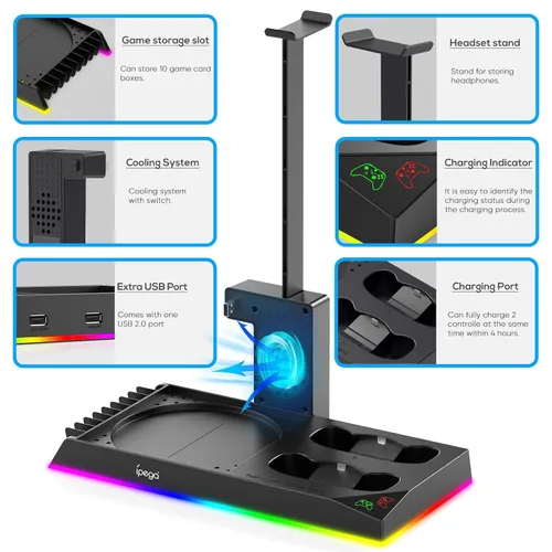 Vista 2 de Upgrade Stand for Xbox Series X with Back Cooling Fan& RGB Lights, Charging Station with Controller Charger Dock &Game Storage Rack Organizer&