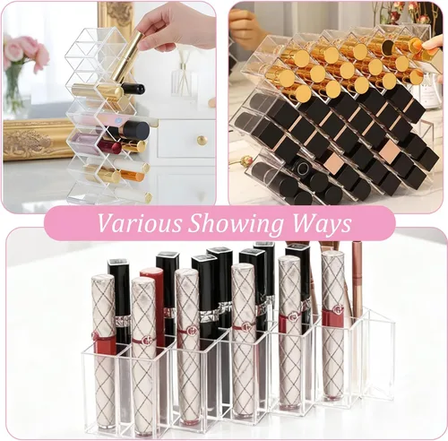 Vista 7 de Organizador de lápiz labial de 4 piezas, 16 espacios, torre de lápiz labial apilable en forma de pez, soporte de almacenamiento de brillo de labios