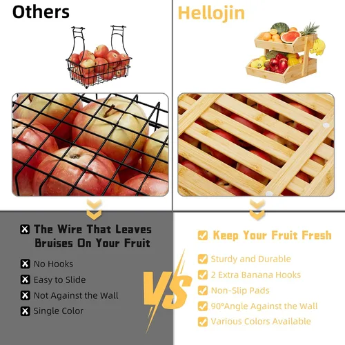 Vista 4 de Cesta de frutas de bambú de 2 niveles para encimera de cocina, encimera de almacenamiento de frutas de gran capacidad, soporte para frutas