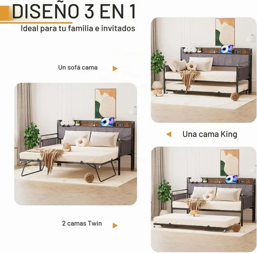 Vista 4 de Sofá cama individual con nido, moderno sofá cama individual, marco de cama de metal resistente con cabecera tapizada para sala de estar, dormitorio
