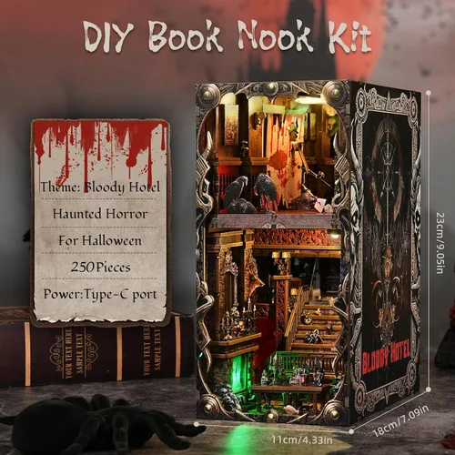 Vista 7 de Kit de Rincón de Libro Espeluznante DIY, Casa de Muñecas en Miniatura Rompecabezas 3D de Halloween, Rompecabezas de Madera 3D de Terror Aterrador