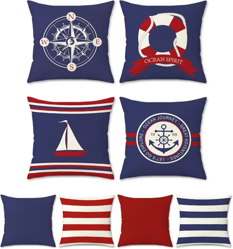 Vista 7 de Bonhause Juego de 4 fundas de almohada náuticas de 16 x 16 pulgadas, con ancla, faro, rojo, azul marino, decorativas, para exteriores, para sofá