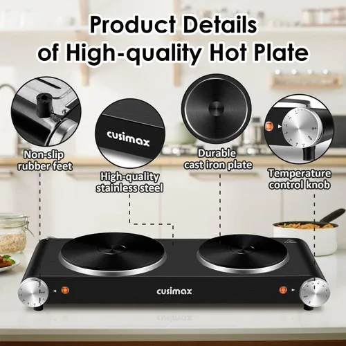 Vista 3 de Cusimax - Placa de cocción eléctrica de 1800 W, estufa eléctrica portátil para cocinar, hornalla doble, con control de temperatura ajustable
