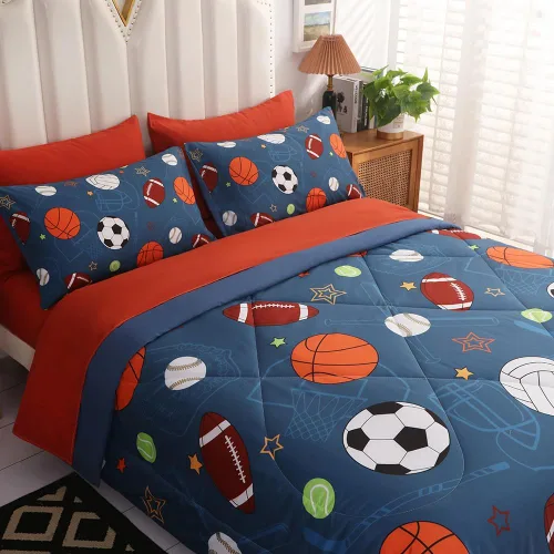 Vista 3 de Juego de ropa de cama de baloncesto 3D tamaño matrimonial, juego de edredón de fútbol para niños y niños, juego de edredón de fútbol de 7 piezas