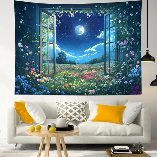 Vista 12 de LB Tapiz de cielo nocturno y océano, tapiz de luna llena sobre el agua, tapiz para colgar en la pared, tapiz de fantasía mágica de acuarela 3D, arte
