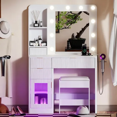 Vista 10 de Juego de tocador de maquillaje con espejo LED ajustable, 4 cajones, armarios de vidrio RGB, toma de corriente y taburete, tocador acanalado