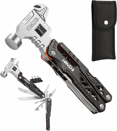 Vista 12 de HANSHI Llave Inglesa Ajustable Multiherramienta Martillo para Supervivencia, 16 en 1 Alicates Multiherramientas con Funda de Nylon, Navaja