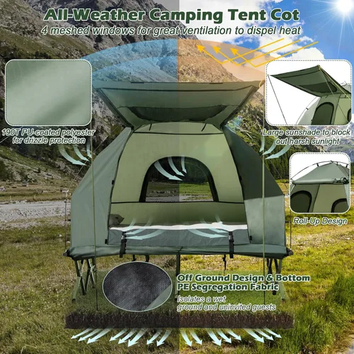 Vista 4 de Tangkula Combo de Catre de Tienda 5 en 1 con Toldo, Colchón de Aire, Saco de Dormir, Almohada, Tienda Individual Elevada con Bolsa de Transporte