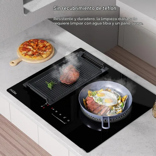 Vista 2 de Sartén para plancha, placa caliente de hierro fundido, parrilla rectangular, 2 asas con superficie acanalada para cocina eléctrica de inducción, 16