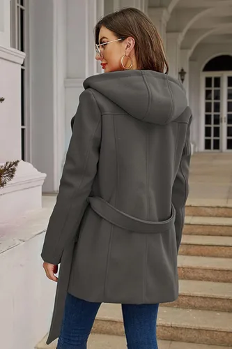 Vista 4 de Bellivera Chaqueta de mezcla de lana con capucha para mujer, abrigo casual con cinturón