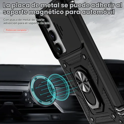 Vista 3 de Funda para Samsung Galaxy S23, con cubierta deslizante para cámara, protector de pantalla HD, soporte de anillo giratorio de 360°, protección