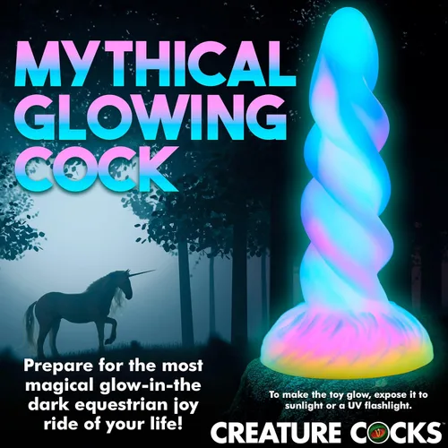 Vista 5 de CREATURE COCKS Consolador de silicona de unicornio que brilla en la oscuridad para hombres, mujeres y parejas. Firme y flexible, base de succión
