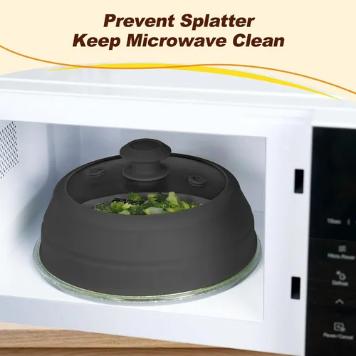 Vista 2 de FPVIER Cubierta plegable para salpicaduras de microondas - Tapa ventilada de silicona y vidrio con mango de fácil agarre, se ajusta a platos