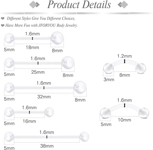 Vista 2 de JFORYOU Anillo de nariz acrílico transparente de 0.71 a 0.78 onzas (0.63-0.71 oz), joyería para el cuerpo para hombres y mujeres