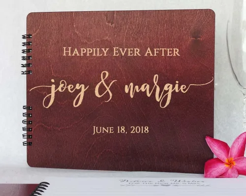 Vista 9 de Libros de invitados de boda de madera personalizados (11 x 8.5 pulgadas, tinte de madera de roble) con encanto rústico, álbum de fotos instantáneas