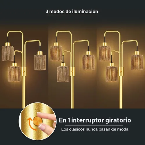 Vista 4 de Lámpara de pie industrial BoostArea para sala de estar, lámpara de pie moderna dorada con 3 luces, lámpara de pie para pararse con diseño simple