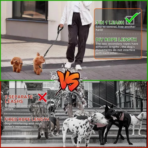 Vista 4 de Correa doble para perro para dos perros, desmontable giratoria de 360°, correa sin enredos con tiras reflectantes para caminar y entrenar perros