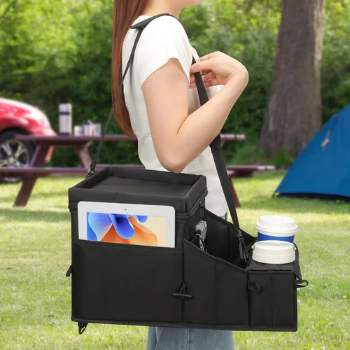 Vista 8 de Organizador de automóvil para niños, organizador de asiento trasero para niños y organizador de asiento de pasajero para adultos, enfriador y Negro