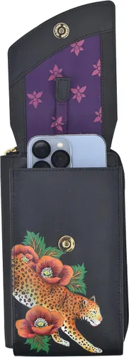 Vista 6 de Anuschka Funda para teléfono cruzado de cuero genuino pintada a mano para mujer - Enigmatic Leopard, Leopardo enigmático