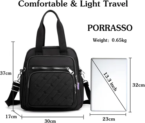 Vista 3 de PORRASSO Mochila Moda Bolso De Hombro Bolso De Las Mujeres Mochila Mochila Nylon, Negro -, Mochilas de mochila