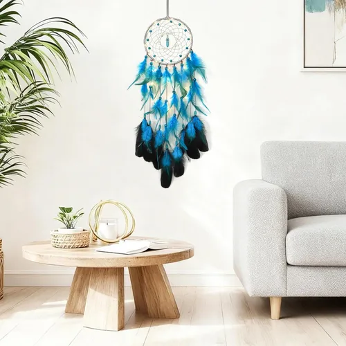 Vista 6 de Dremisland Atrapasueños hecho a mano con plumas azules para colgar en la pared, elegante arte de pared, decoración de habitación para ventanas