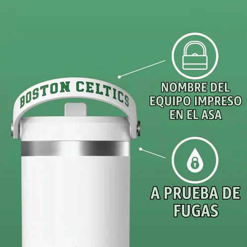 Vista 3 de Hydrapeak Boston Celtics Nomad - Botella de agua aislada de acero inoxidable a prueba de fugas con asa de agarre flexible y tapa de pajilla, edición
