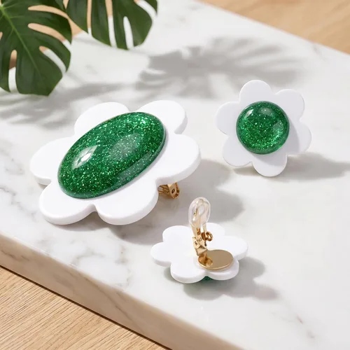 Vista 5 de Pendientes de flores verdes blancas con broche para mujer, disfraz