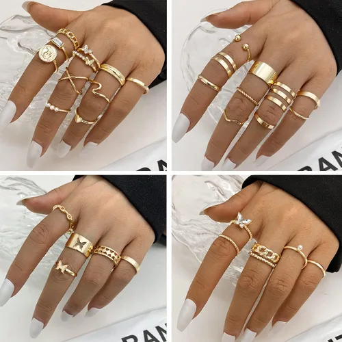Vista 4 de Juego de 30 anillos de nudillos dorados vintage bohemios de serpientes mariposa apilables para mujeres y niñas anillos midi plateados