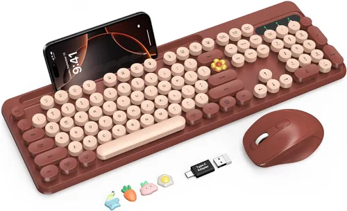 Vista 10 de Combo de teclado y mouse inalámbricos, teclado retro con teclas redondas, teclado estilo máquina de escribir de tamaño completo con reposamuñecas