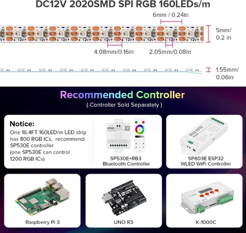 Vista 27 de BTF-LIGHTING WS2812B - Tira LED IC RGB 0.1 in, 0807SMD, DC5V, 3,2 pies, 160