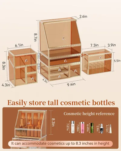 Vista 6 de Youdepot Organizador de maquillaje extra grande, almacenamiento de cosméticos de vidrio con cajones, organizador apilable de maquillaje y joyas