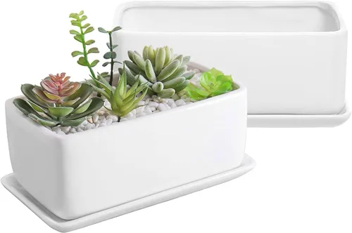Vista 8 de Maceta moderna rectangular minimalista de cerámica de 10 pulgadas para plantas suculentas/Caja abierta con platillo, Moderno, Blanco