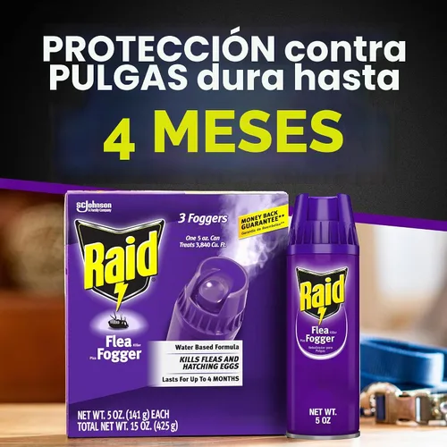 Vista 3 de Raid Flea Fogger Plus Killer fórmula a base de agua que mata pulgas y huevos para incubar latas de 5 onzas, 3 unidades (paquete de 3)