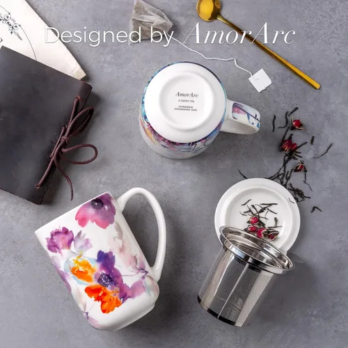 Vista 4 de AmorArc Taza de Té de Porcelana con Infusor y Tapas, Taza Grande de 18 Oz con Colador y Soporte para Bolsa para Té de Hojas Sueltas, Taza de Café