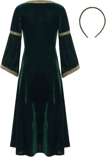 Vista 2 de iiniim Disfraz de princesa medieval para niñas, disfraz de Halloween renacentista, vestido de terciopelo vintage con tocado
