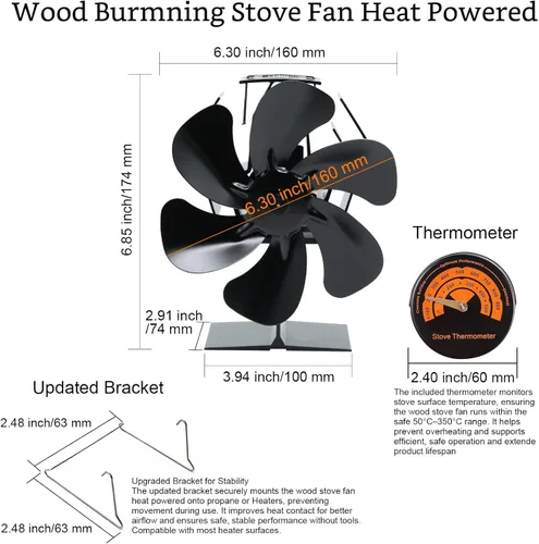 Vista 4 de Ventilador de estufa de leña alimentado por calor, ventilador termoeléctrico de 6 aspas de funcionamiento silencioso de aluminio con soporte fijo