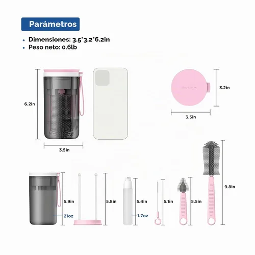 Vista 6 de Juego de cepillos de viaje para biberones con cepillo extensible de silicona líquida, cepillo para pezones, estante de secado de botellas integrado