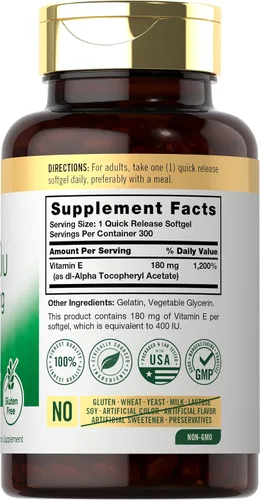 Vista 2 de Carlyle Vitamina E 400 UI Cápsulas Softgel 300 unidades Dl-Alpha Tocoferyl Suplemento sin OMG y sin gluten