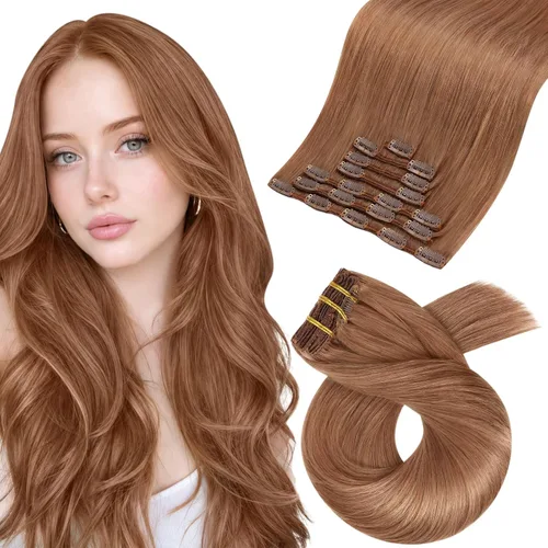 Vista 28 de Moresoo Extensiones de cabello humano con clip, balayage, color marrón oscuro a marrón dorado con clip, extensiones de cabello humano con clip, 5