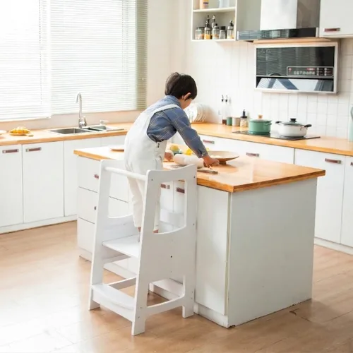 Vista 3 de EGREE Taburete de cocina para niños pequeños con baranda de seguridad, torre de pie de madera para niños para encimera de cocina y lavabo del baño
