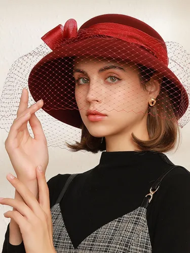 Vista 5 de Sombreros de iglesia negros con velo Sombrero vintage Cloche de lana de fieltro de invierno de ala ancha Fedora Sombreros